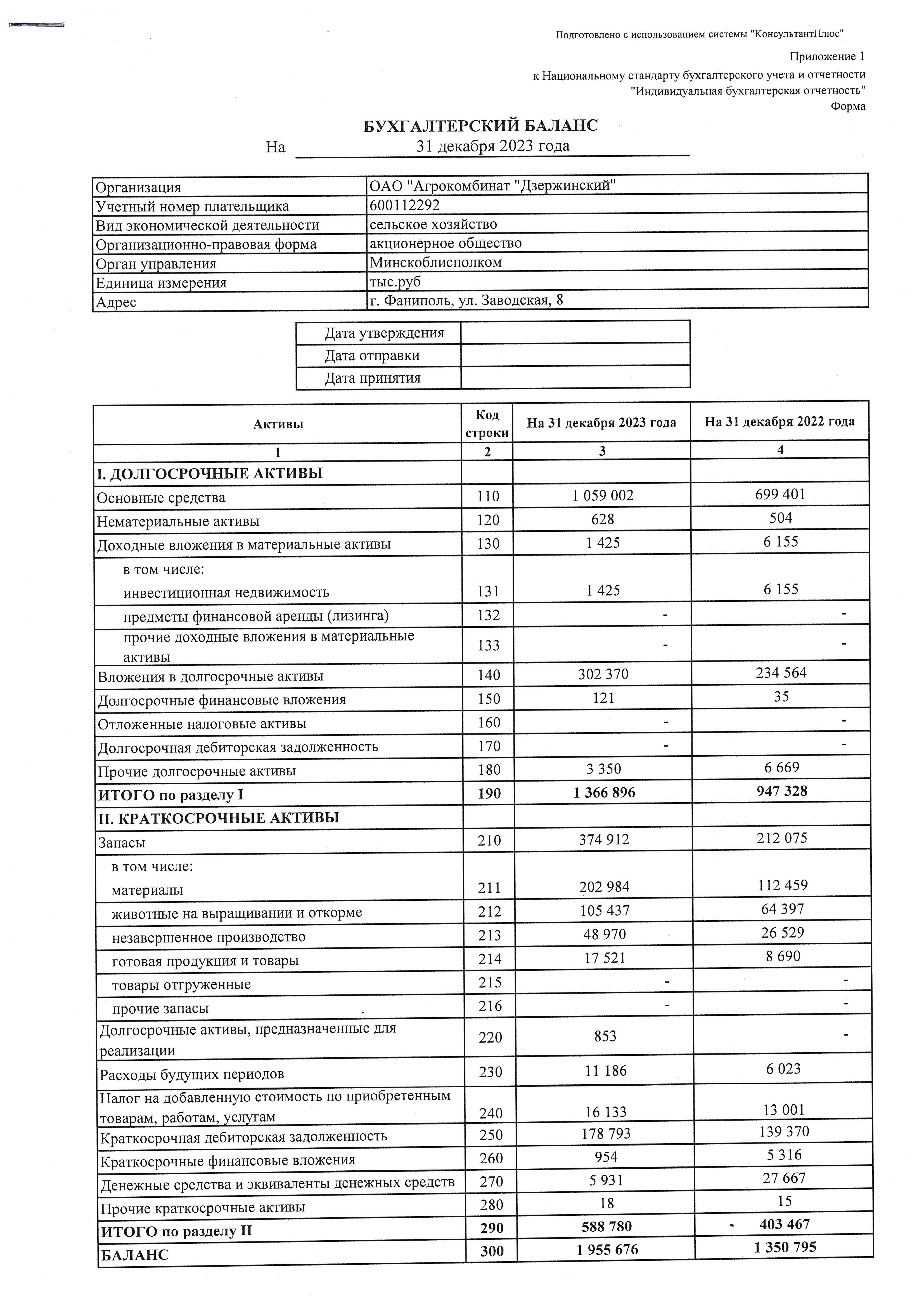 Бухгалтерский баланс на 31.12.2023 - Дзержинский